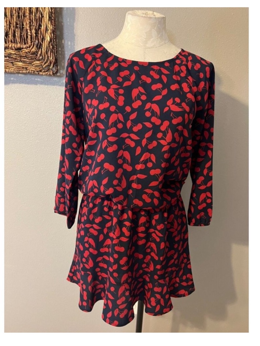 Joie Navy & Red Cherry Print Dress size Small